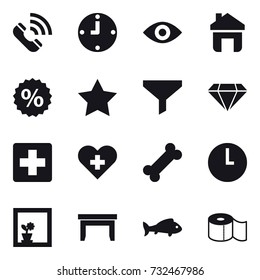 16 vector icon set : call, clock, eye, home, percent, star, funnel, diamond, flower in window, table, fish, toilet paper