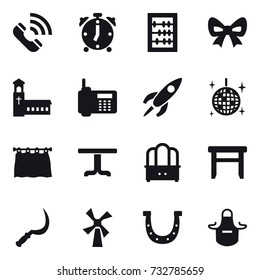 16 vector icon set : call, alarm clock, abacus, bow, church, disco ball, curtain, table, dresser, stool, sickle, windmill, horseshoe, apron