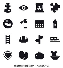 16 vector icon set : call center, eye, nuclear power, puzzle, tower, stairs, building helmet, train, heart pendant, tomato, handle washing