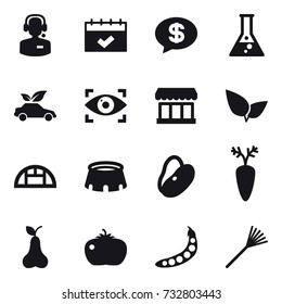 16 vector icon set : call center, calendar, money message, flask, eco car, eye identity, market, greenhouse, stadium, pear, tomato, peas, rake