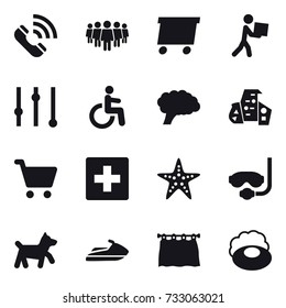 16 vector icon set : call, team, delivery, courier, equalizer, modern architecture, first aid, starfish, diving mask, dog, jet ski, curtain, soap