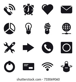16 vector icon set : call, alarm clock, heart, mail, diagram, bulb, globe connect, pencil wrench, right arrow, phone, ring button, apron