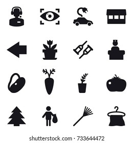 16 vector icon set : call center, eye identity, electric car, market, left arrow, flower, seedling, tomato, spruce, trash, rake, hanger