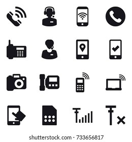 16 vector icon set : call, call center, phone wireless, phone, mobile checking, camera, intercome