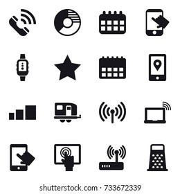 16 vector icon set : call, circle diagram, calendar, touch, smartwatch, star, trailer, wireless