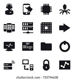 16 vector icon set : call center, touch, chip, virus, server, cpu, right arrow