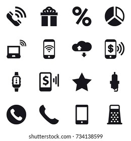 16 vector icon set : call, gift, percent, diagram, notebook wireless, phone wireless, cloude service, phone pay, smartwatch, mobile pay, star, spark plug, phone