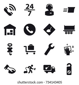 16 vector icon set : call, 24/7, call center, delivery, warehouse, phone, under construction, baggage trolley, wrench, wiping, vacuum cleaner, home call cleaning, do not distrub