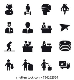 16 vector icon set : call center, hoverboard, virtual mask, jet robot, deltaplane, tourist, inspector, reception, trash, garbage bin, home call cleaning