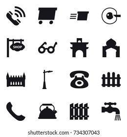 16 vector icon set : call, delivery, cell corection, shop signboard, arch, minaret, gothic architecture, outdoor light, fence, kettle, water tap