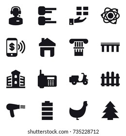 16 vector icon set : call center, diagram, gift, atom, phone pay, home, column, bridge, building, fence, hair dryer, chicken, spruce