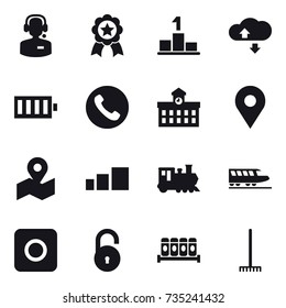 16 vector icon set : call center, medal, pedestal, cloude service, battery, phone, university, train, ring button, rake