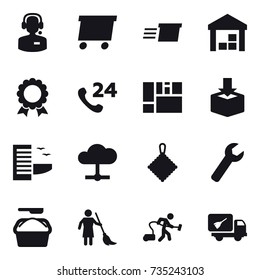 16 vector icon set : call center, delivery, warehouse, medal, hotel, rag, wrench, washing powder, brooming, vacuum cleaner, home call cleaning