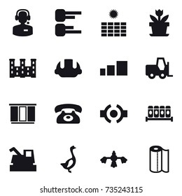 16 vector icon set : call center, diagram, sun power, flower, palace, building helmet, wardrobe, phone, harvester, goose, hard reach place cleaning, paper towel