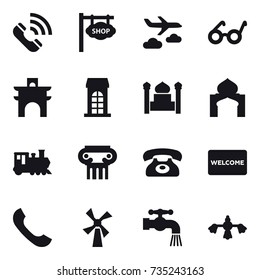 16 vector icon set : call, shop signboard, journey, arch, building, minaret, train, antique column, phone, welcome mat, windmill, water tap, hard reach place cleaning