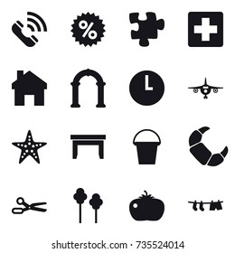 16 vector icon set : call, percent, puzzle, home, arch, plane, starfish, table, bucket, scissors, trees, tomato, drying clothe