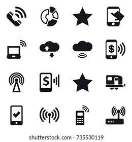 16 vector icon set : call, circle diagram, star, touch, notebook wireless, cloude service, cloud wireless, phone pay, antenna, mobile pay, trailer, mobile checking, wireless