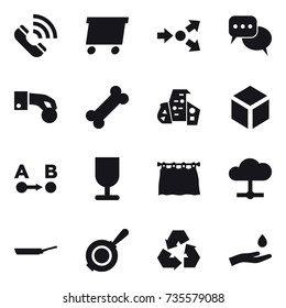 16 vector icon set : call, delivery, core splitting, discussion, hand coin, modern architecture, 3d, curtain, pan, recycling, hand and drop