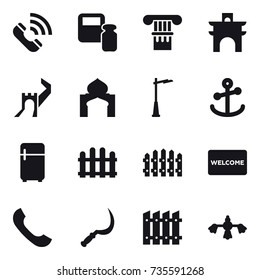 16 vector icon set : call, scales weight, column, arch, greate wall, minaret, outdoor light, fridge, fence, welcome mat, sickle, hard reach place cleaning
