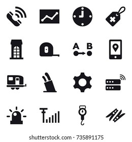 16 vector icon set : call, statistic, clock, building, measuring tape, trailer, stands for knives, handle scales, clothespin