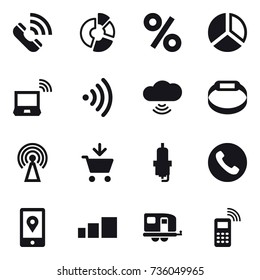 16 vector icon set : call, circle diagram, percent, diagram, notebook wireless, wireless, cloud wireless, smart bracelet, antenna, add to cart, spark plug, phone, trailer