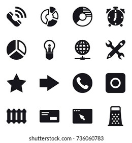 16 vector icon set : call, circle diagram, alarm clock, diagram, bulb, globe connect, pencil wrench, star, right arrow, phone, ring button, radiator