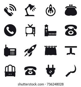 16 vector icon set : call, table lamp, rocket, purse, phone, tv, church, curtain, table, dresser, sickle