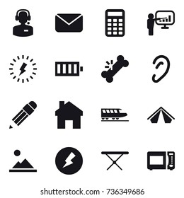 16 vector icon set : call center, mail, calculator, presentation, lightning, battery, pencil, home, train, tent, landscape, electricity, iron board