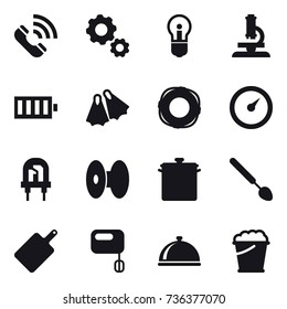 16 vector icon set : call, gear, bulb, microscope, battery, flippers, lifebuoy, barometer, pan, big spoon, cutting board, foam bucket
