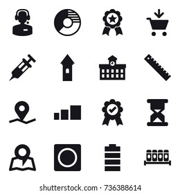 16 vector icon set : call center, circle diagram, medal, add to cart, tower, university, ruler, map, ring button