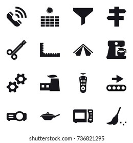 16 vector icon set : call, sun power, funnel, singlepost, ruler, tent, coffee maker, pan, broom