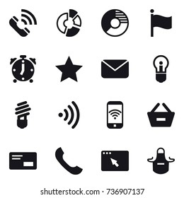 16 vector icon set : call, circle diagram, flag, alarm clock, star, mail, bulb, wireless, phone wireless, remove from basket, apron