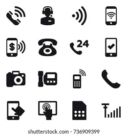 16 vector icon set : call, call center, wireless, phone wireless, phone pay, mobile checking, camera, intercome