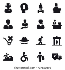 16 vector icon set : call center, bulb head, hoverboard, tourist, detector, surfer, invalid, trash, home call cleaning