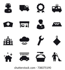 16 vector icon set : call center, truck, medal, gas station, taxi, hotel, rag, house cleaning, car wash, washing powder, brooming