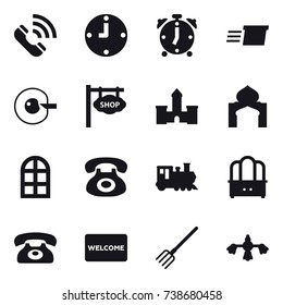 16 vector icon set : call, clock, alarm clock, delivery, cell corection, shop signboard, castle, minaret, arch window, train, dresser, phone, welcome mat, fork, hard reach place cleaning