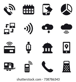 16 vector icon set : call, calendar, touch, diagram, notebook connect, wireless, cloude service, cloud wireless, tap to pay, smartwatch, goverment house, trailer
