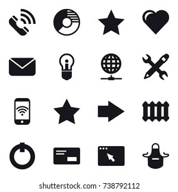 16 vector icon set : call, circle diagram, star, heart, mail, bulb, globe connect, pencil wrench, phone wireless, right arrow, radiator, apron