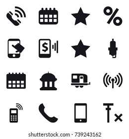 16 vector icon set : call, calendar, star, percent, touch, mobile pay, spark plug, goverment house, trailer, wireless