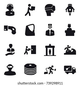 16 vector icon set : call center, courier, virtual mask, jet robot, hand coin, detector, surfer, vacuum cleaner, home call cleaning