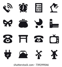 16 vector icon set : call, alarm clock, abacus, table lamp, bow, purse, baby stroller, church, stool, phone, tv, kettle, windmill