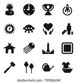 16 vector icon set : call center, clock, trophy, rocket, sun power, ufo, passenger, bungalow, jellyfish, cutting board, meat hammer, trees, watering can, handle washing
