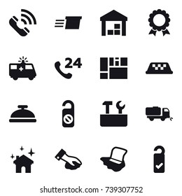 16 vector icon set : call, delivery, warehouse, medal, taxi, service bell, do not distrub, repair tools, sweeper, house cleaning, wiping, floor washing, please clean