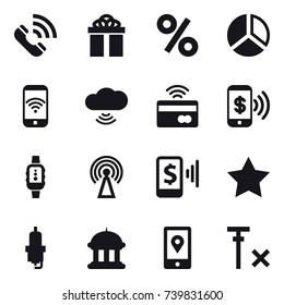 16 vector icon set : call, gift, percent, diagram, phone wireless, cloud wireless, tap to pay, phone pay, smartwatch, antenna, mobile pay, star, spark plug, goverment house