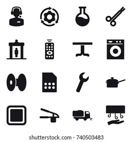 16 vector icon set : call center, around gear, detector, remote control, table, washing machine, saute pan, cutting board, garlic clasp, sweeper, hand dryer