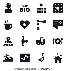 16 vector icon set : call center, bio, sun power, cpu, hot drink, lighthouse, cafe, surfer, goose, house cleaning