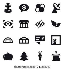 16 vector icon set : call center, money message, atom core, satellite antenna, eye identity, market, greenhouse, flower in window, tomato, spruce, carrot, hanger