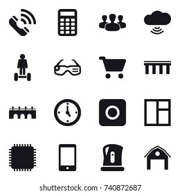 16 vector icon set : call, calculator, group, cloud wireless, hoverboard, smart glasses, cart, bridge, watch, ring button, window, kettle, barn