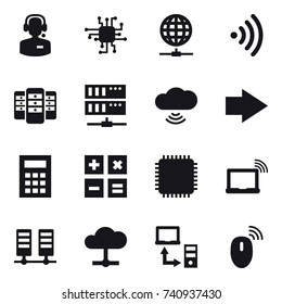 16 vector icon set : call center, chip, globe connect, wireless, server, cloud wireless, right arrow, calculator
