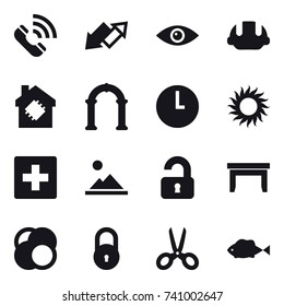 16 vector icon set : call, up down arrow, building helmet, smart house, arch, sun, first aid, landscape, unlocked, table, scissors